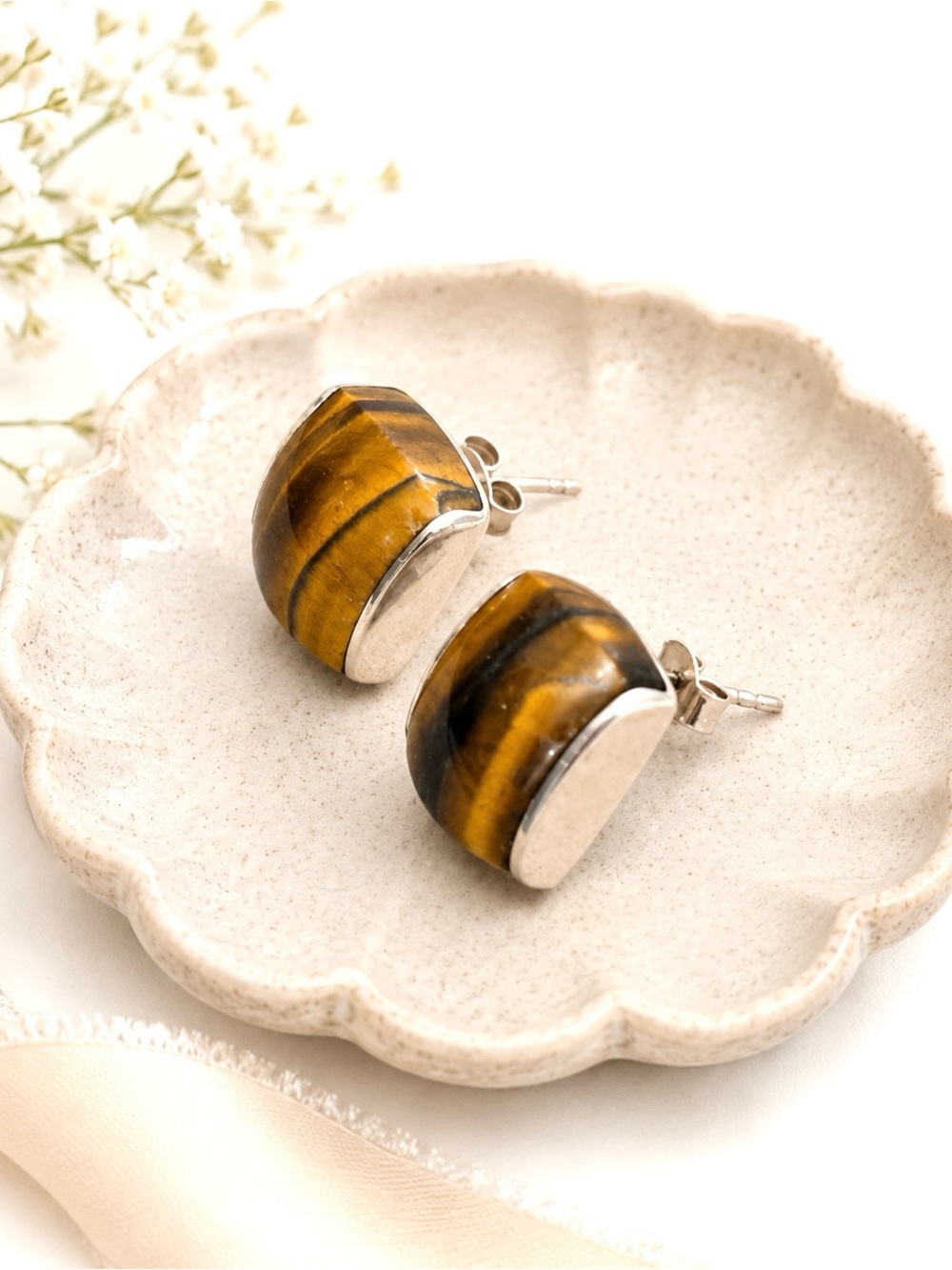 Vintage Designer 925 Sterling Silver Tiger's Eye Stud Earrings